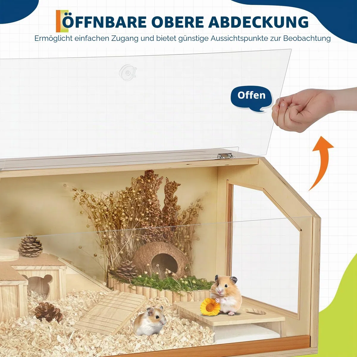 Hamsterkäfig mit Beinen, Großes Hamstergehege mit Acrylglasfenster und zu öffnendem Deckel, Käfige Laufställe für Kleintiere für Meerschweinchen, Chinchillas und Rennmäuse,81x40x102cm