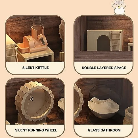 Hamsterkäfig aus Holz, mehrstöckig, Kleintier-Lebensraum für Kaninchen, Meerschweinchen, Chinchillas, Dachfenster, einfache Montage, stabiles Design mit Heizlampe & Zubehör, 60 x 40 x 40 cm
