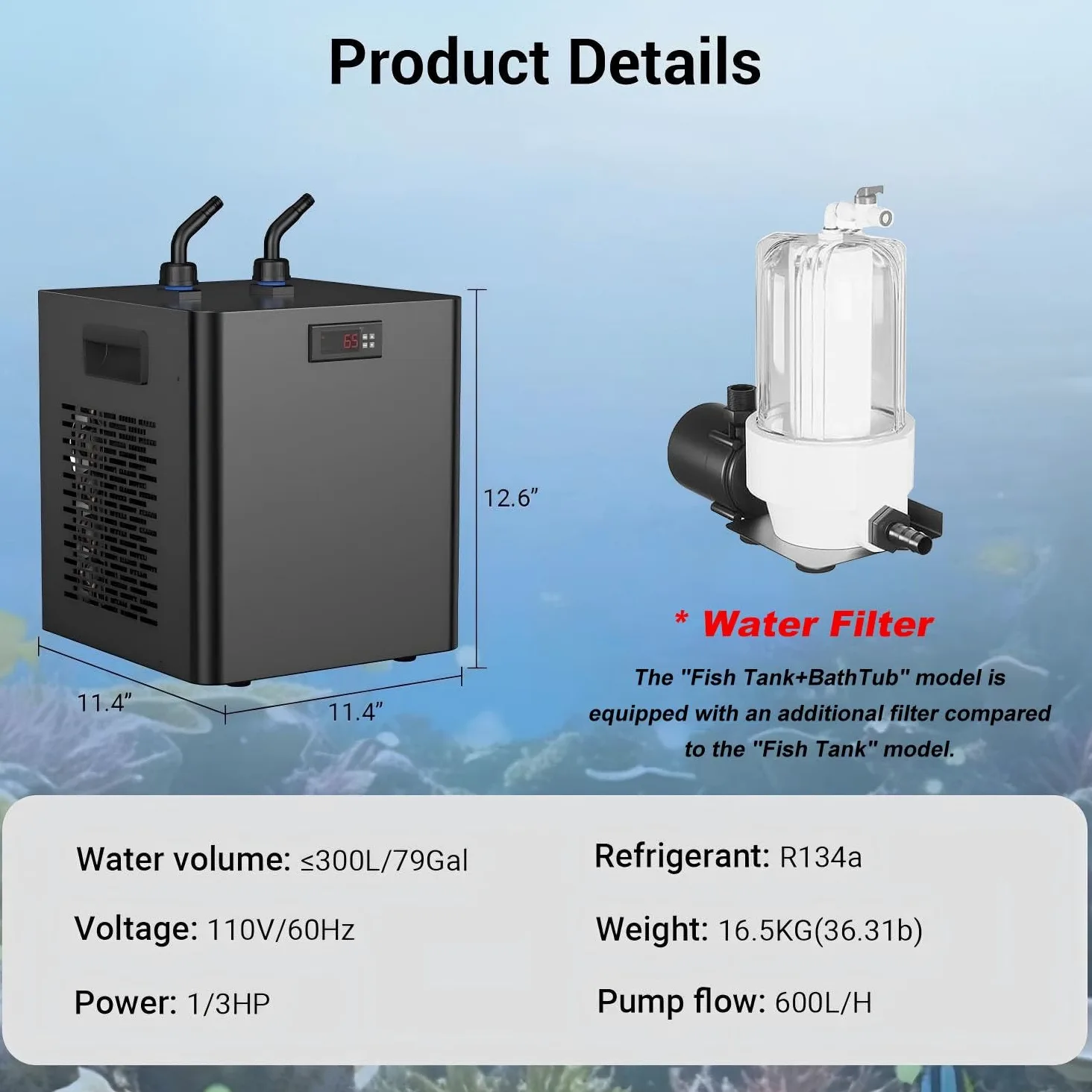 Aquarium-Kühler, leiser Titan-Kühler für Süß- und Salzwassertanks, 160–500 l Fassungsvermögen, geeignet für Quallen, Korallen und Garnelenanbau
