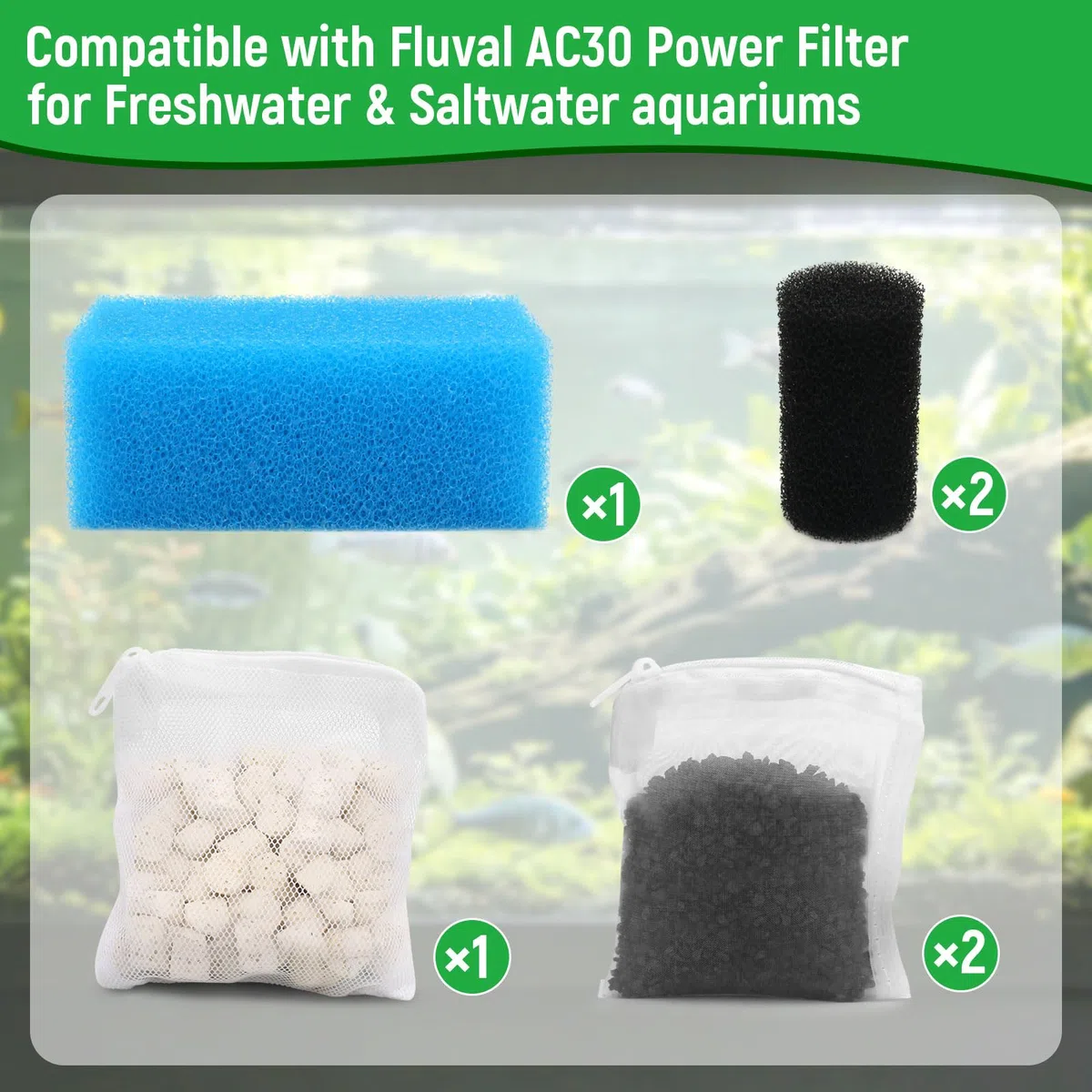 AC30 Aquarium Filtermedien Wartungsset Kompatibel mit Fluval AC30 Power Filters, Enthält 1 Blauschaum, 2 Aktivkohle, 1 BioMax Pellets, 2 Ansaugsiebschwamm, für Süß- und Salzwasser