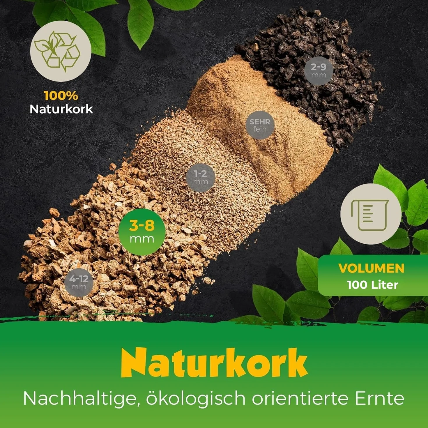 100 Liter mittelgrobes Korkgranulat | Kork-Granulat 3-8 mm | im 100L Papiersack | hergestellt aus recycelten Naturkorken | Verarbeitung in einem sozialen Unternehmen