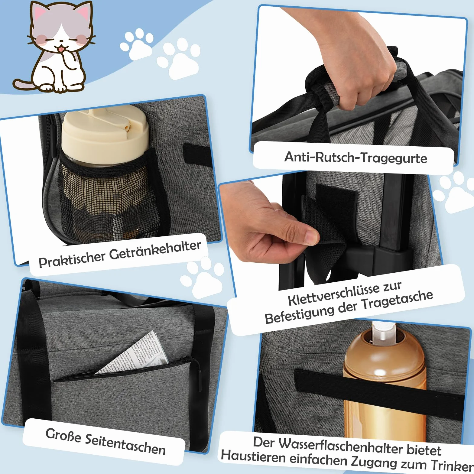 GYMAX Katzen Transportbox, Hunde Tragetasche mit Katzenrucksack & Teleskopgriff, Transporttasche mit Rädern & stabile Plattform, Haustier-Reiseträger für kleine & mittelgroße Haustiere, Grau