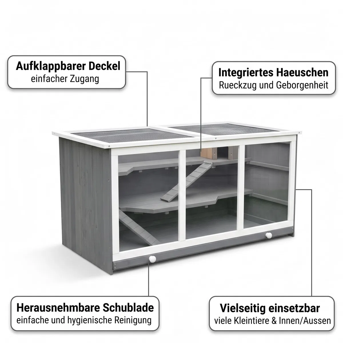 Mucola Kleintierkäfig aus Holz mit Plexiglasfront – 3 Etagen Nagerkäfig für Kaninchen, Meerschweinchen, Hamster – mit Häuschen, herausziehbarer Schublade, großer Kleintierstall Indoor