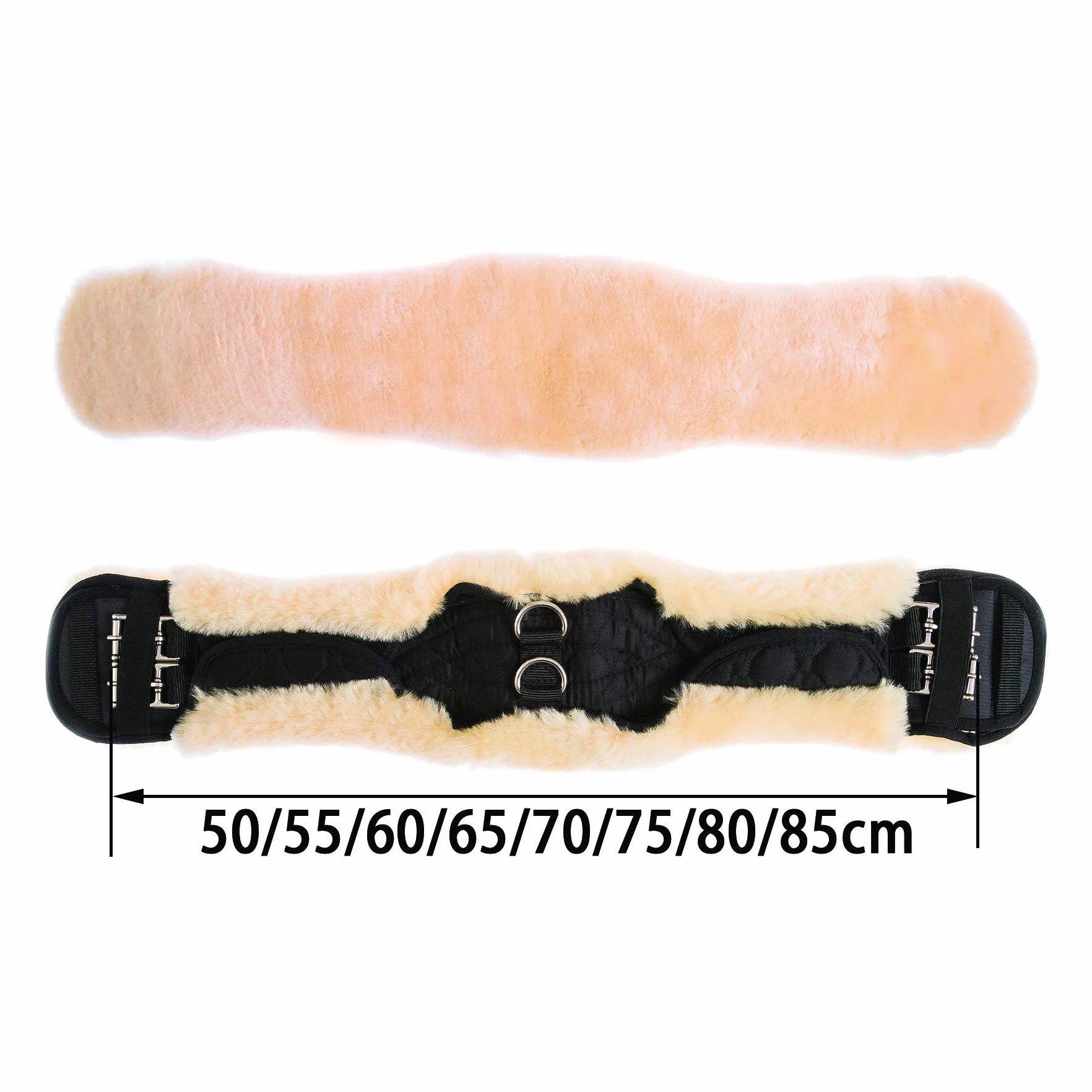 Lammwolle Konturgurt mit abnehmbarem Lammfellbezug, Kurzgurt Dressurgurt, aus Qualitäts Merino Lammwolle, spezielle anatomisch konkave Form, für bessere Rutschfestigkeit. Farbe:Natur, Schwarz