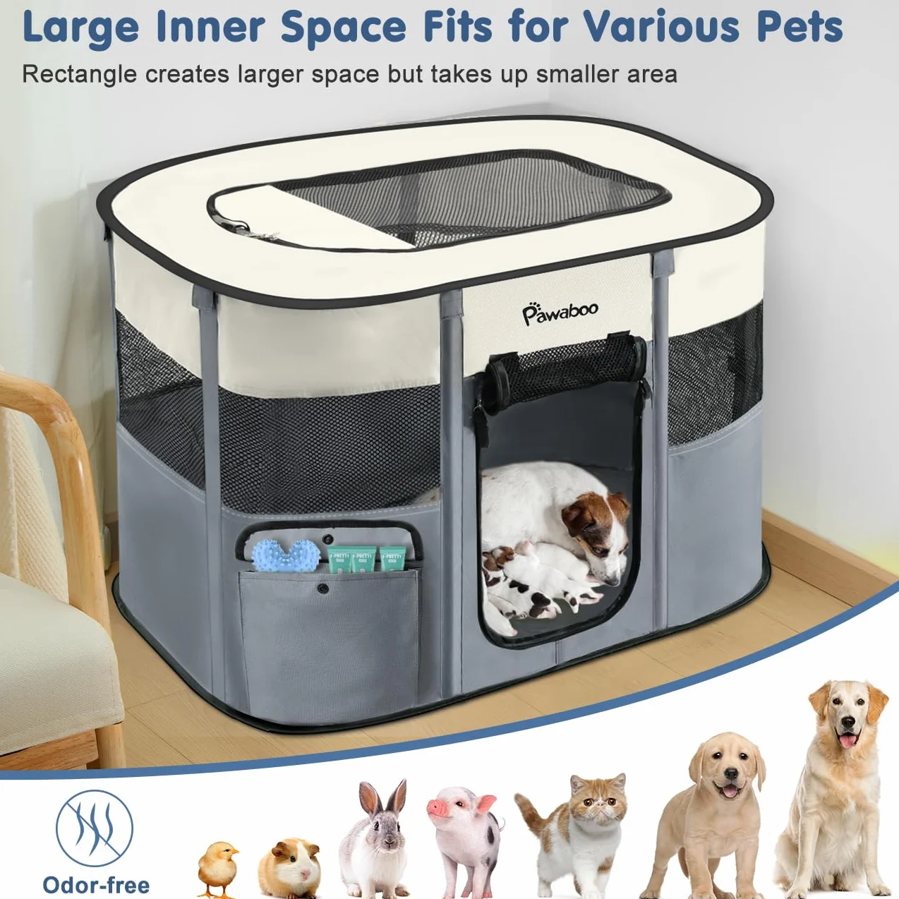 Pawaboo Tragbarer Haustierstall, Faltbarer Hundelaufstall mit Wasserdichtem Oxford, Katzengehege mit Reisetasche Faltbarem Napf, Indoor Outdoor Gebrauch für Welpe Katze Kaninchen, L, Grau