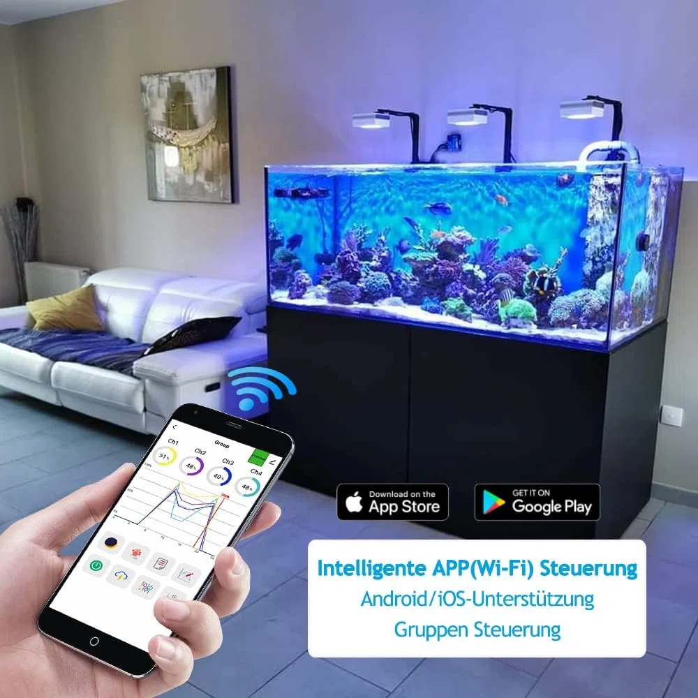 PopBloom RL90 WiFi Meerwasser LED 100W, Salzwasser LED Beleuchtung für Reef Coral Fish Wasserpflanzen Salzwasser Aquarium,APP unterstützt Deutsch (1 WiFi Lampen mit Armhalterung)
