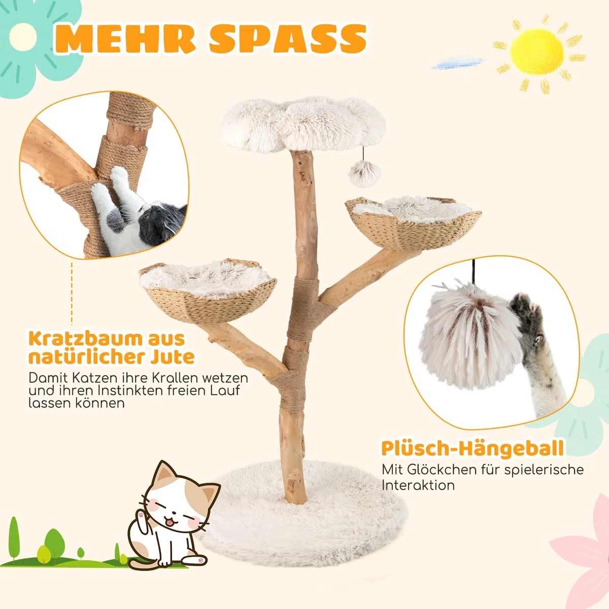 GOPLUS Kratzbaum Holz, Katzenbaum 122 cm mit 2 Rattan-Körbchen, Kratzstamm aus natürlichem Jute, blütenförmige Sitzplattform, Plüschball & erweiterter Basis, Kletterbaum für Katzen, Indoor Katzenmöbel