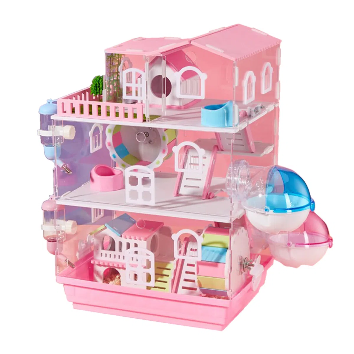Hamsterkäfig für Hamster Zwerghamster Syrian Habitate für Kleintiere 3 Ebenen Hamsterkäfig aus Acryl komplett transparent mit Spielzeugsets (3 Schichten) ((Pink)