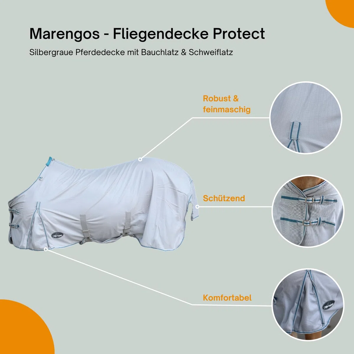 Marengos - Fliegendecke Protect mit Bauchlatz & Schweiflatz | robuste & feinmaschige Pferdedecke zum Schutz vor Insekten | doppelter Frontverschluss | Outdoor-Pferdedecke in Silbergrau | 125cm