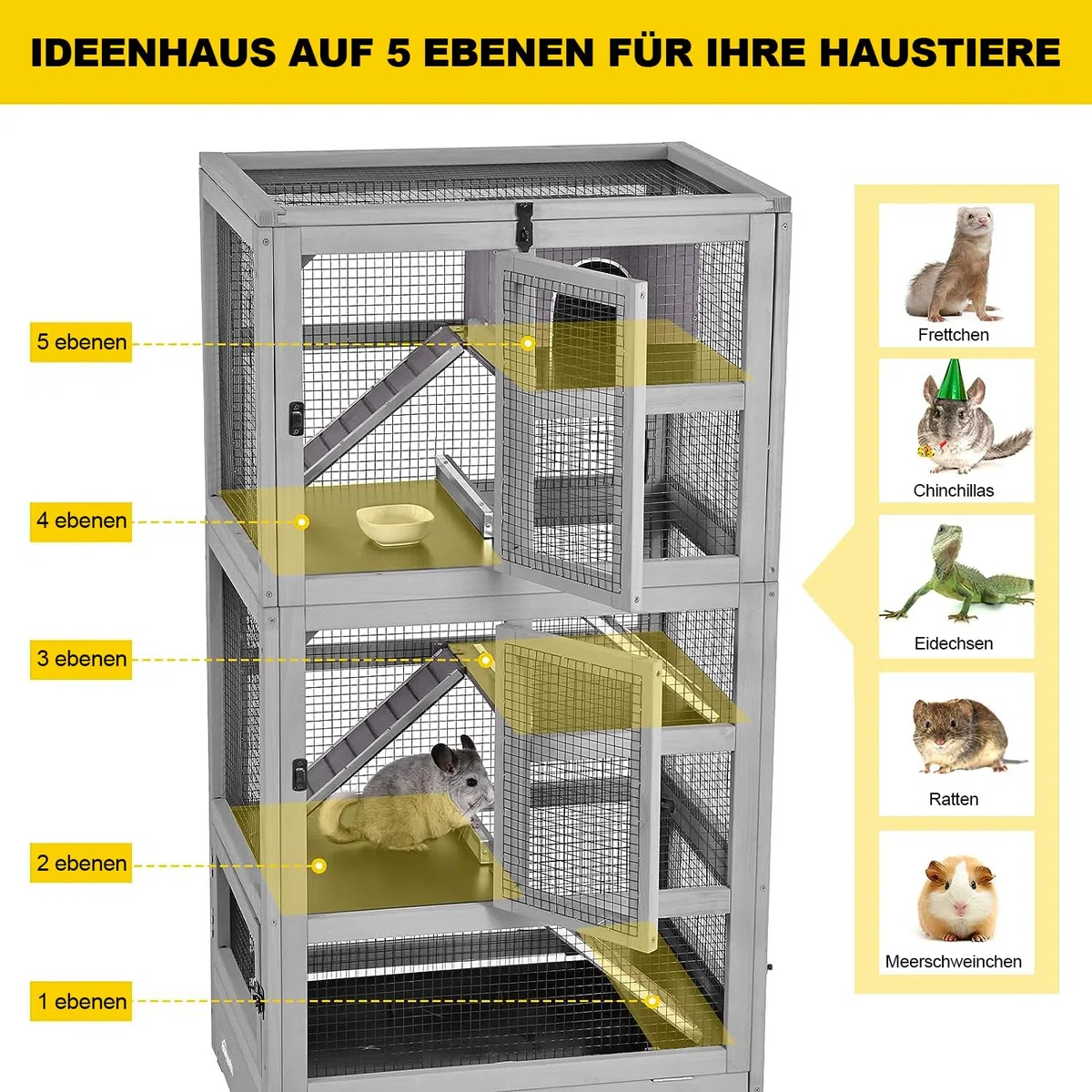 Großes Frettchenkäfig aus Holz, Hamsterkäfig, Nagerkäfig, Mäusekäfig mit Treppen, Kleintierkäfig Nagervilla, für Drinnen oder Draußen Dermeerschweinchen Käfig