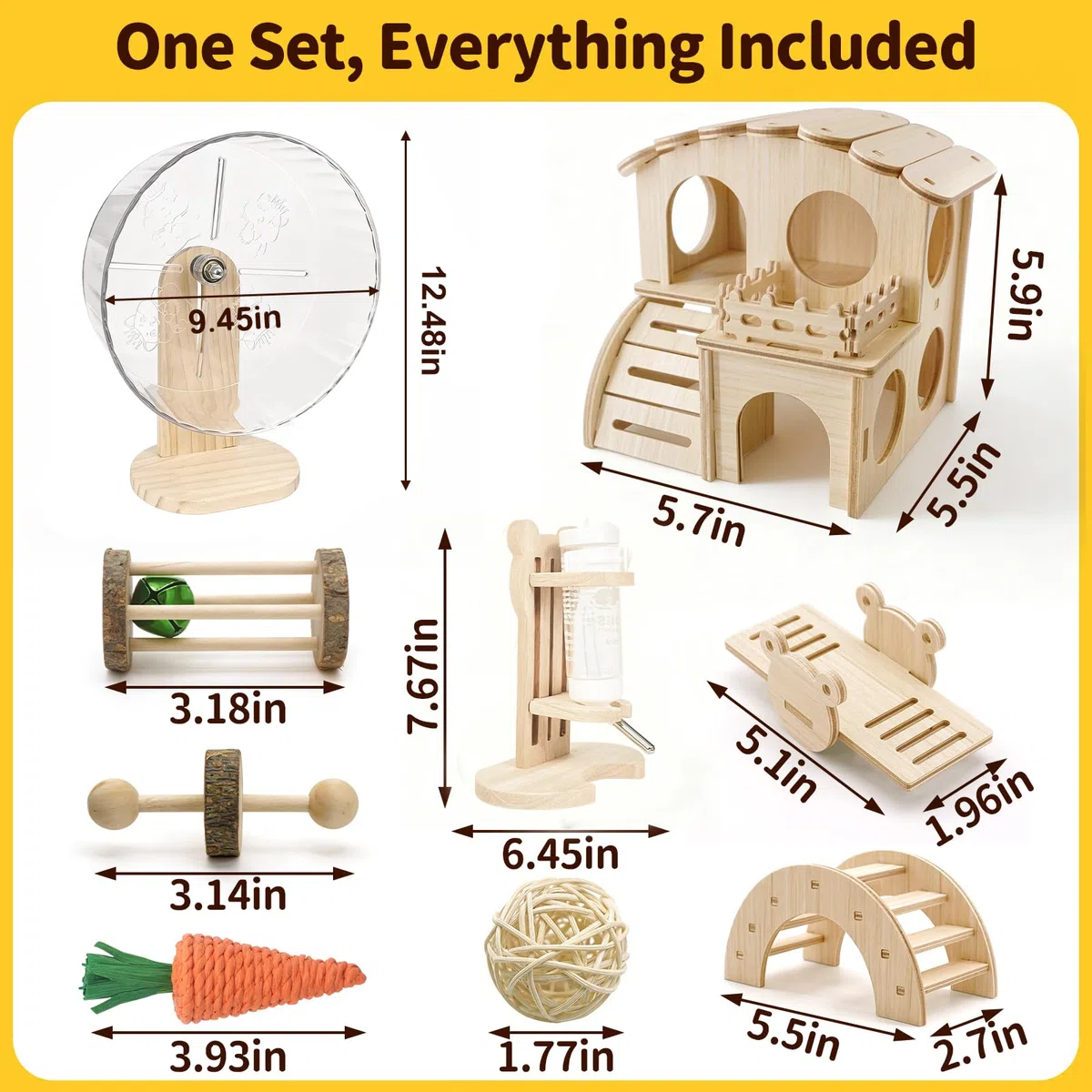 Hamsterkäfig-Zubehör-Set, lautloses Übungsrad, Labyrinth-Holzversteck, Wasserflasche mit Halterung, Kauspielzeug und interaktive Plattform für Hamster, Mäuse, Rennmäuse (All-in-One Habitat Enrichment