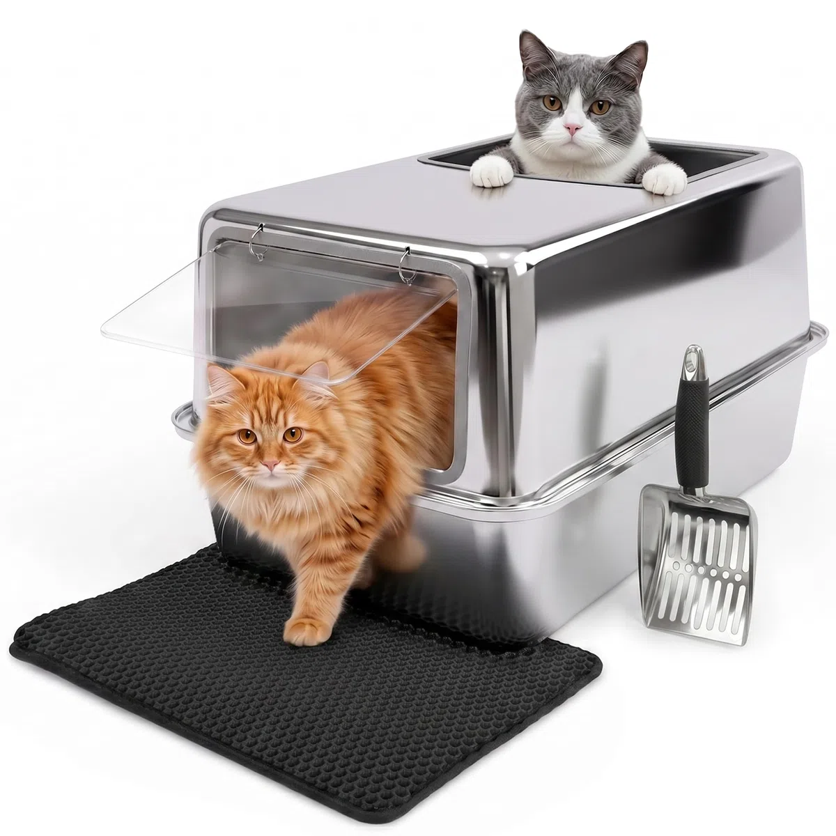 Katzenklo Edelstahl geschlossen – Katzentoilette mit Sichtfenster Oben Edelstahlbasis Schaufel & Matte inkl. 60x40x33cm
