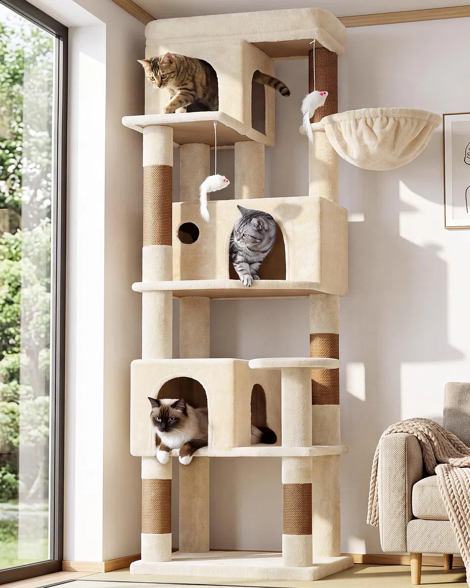 Globlazer F66 Kratzbaum Ecke Beige für Große Katzen 168cm Stabil Katzenbaum | Stabil Kratzbaum mit 3 Katzenhäus, Große Plattform, 5 Sisal Kratzsäulen, Einfach zu montieren, für 3-4 Erwachsene Katzen