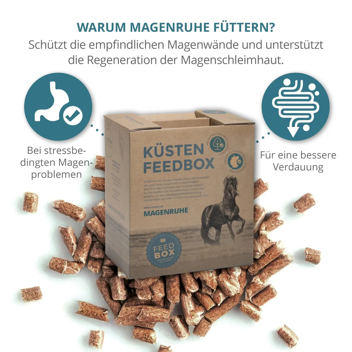 STRÖH Magenruhe Pellets für Pferde - Ergänzungsfutter - 12kg Feedbox