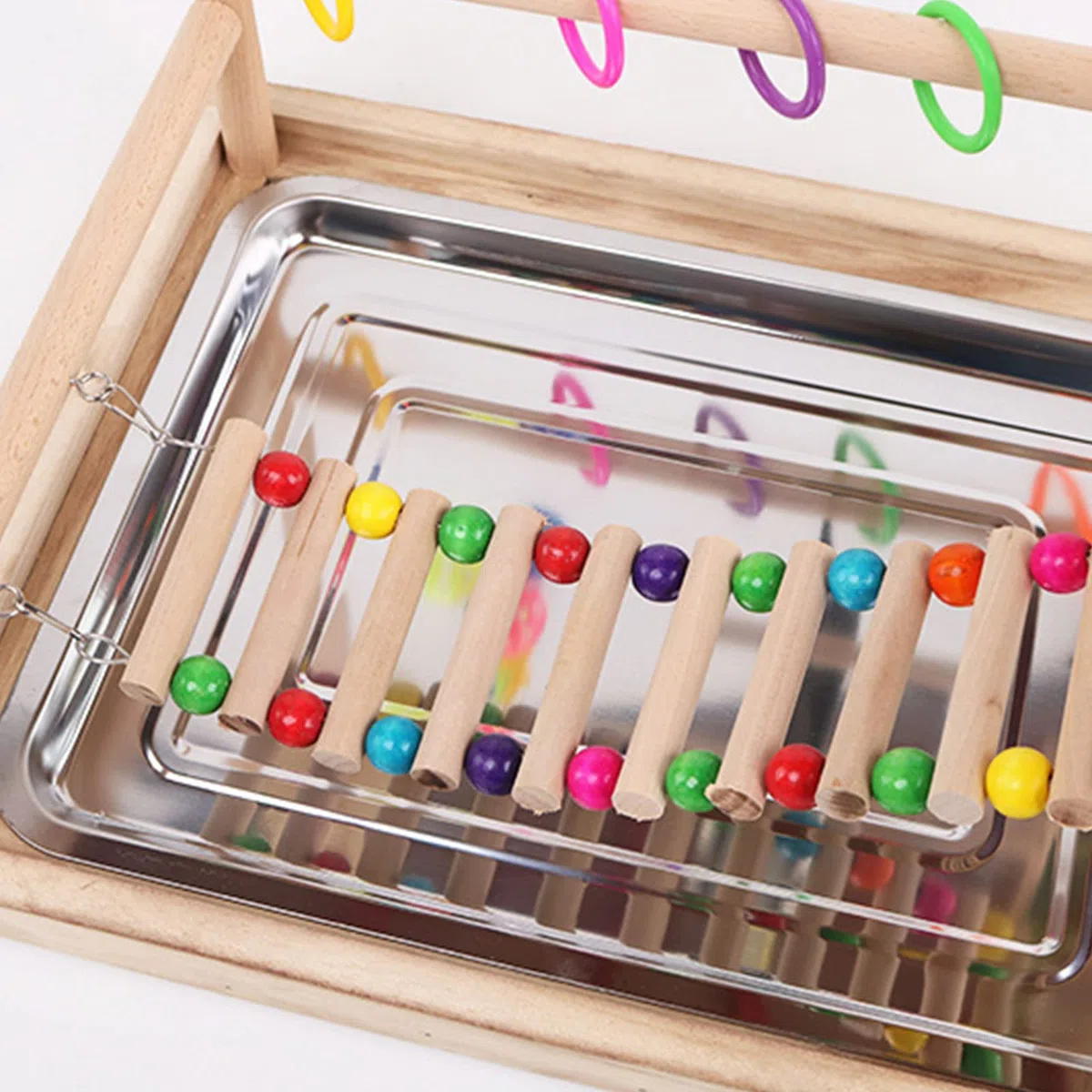 Sitzstangenständer für Vögel, Papageien, Spielständer mit Tablett aus Edelstahl, Futternäpfe, Leiterschaukel, Kauspielzeug aus Kunststoff für Vögel, Vogelspielplatz, Sitzstangenständer aus Naturholz