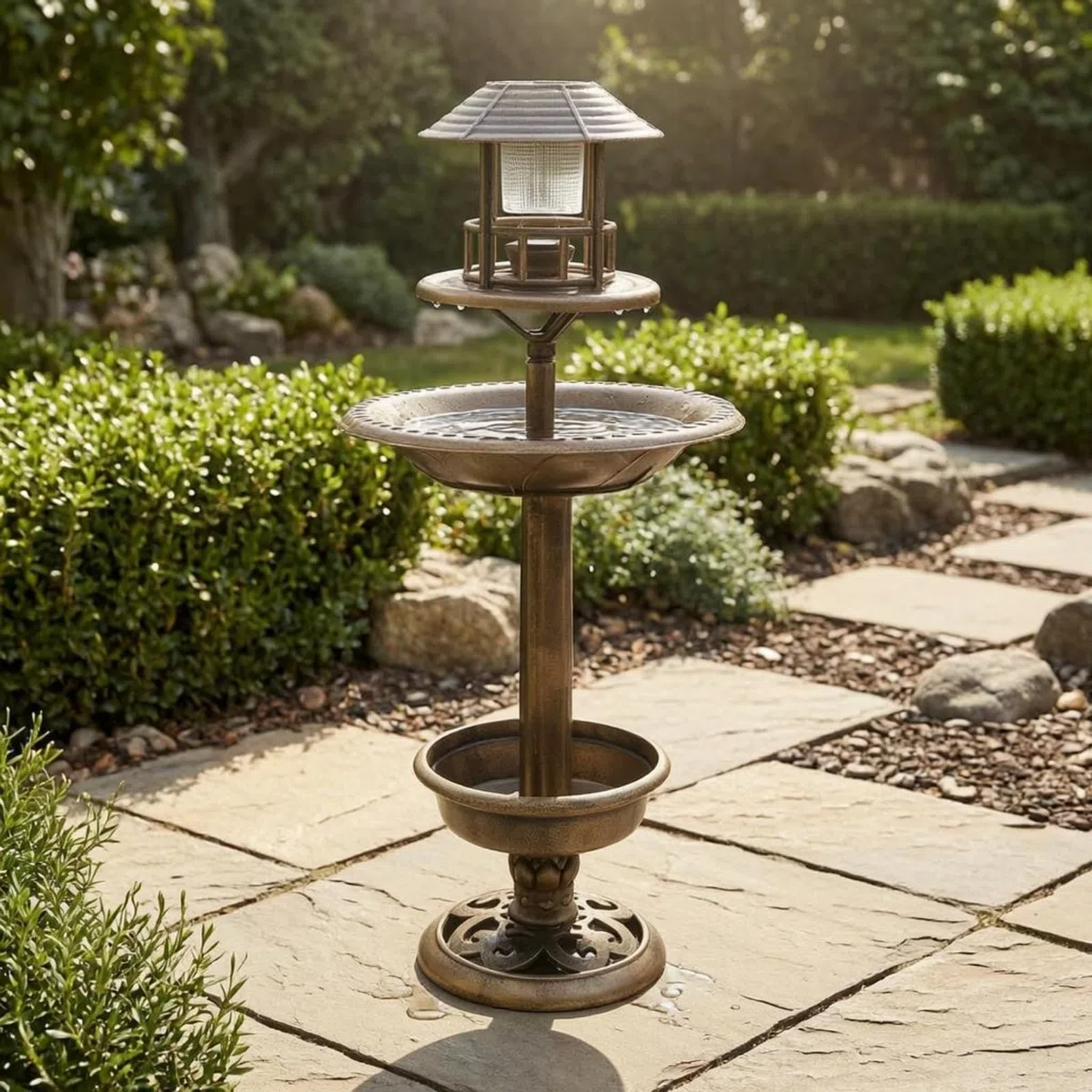 Vogeltränke Freistehend Außen Vogelbad Vogeltränke Kombi mit Led-Beleuchtung Und Laternenaufsatz aus Pp-Material für Gärten Rasenflächen Wege, Bronze, Antikbronze