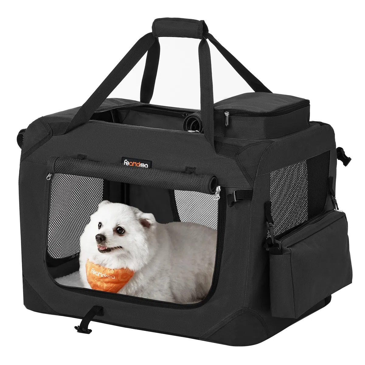 Feandrea Hundebox faltbar, Transportbox Hund, M, Hundetasche, Oxford-Gewebe, Netzstoff, atmungsaktiv tragbar transportabel, Metallrahmen, mit Griffen, Taschen, 60 x 42 x 42 cm, schwarz PDC60H