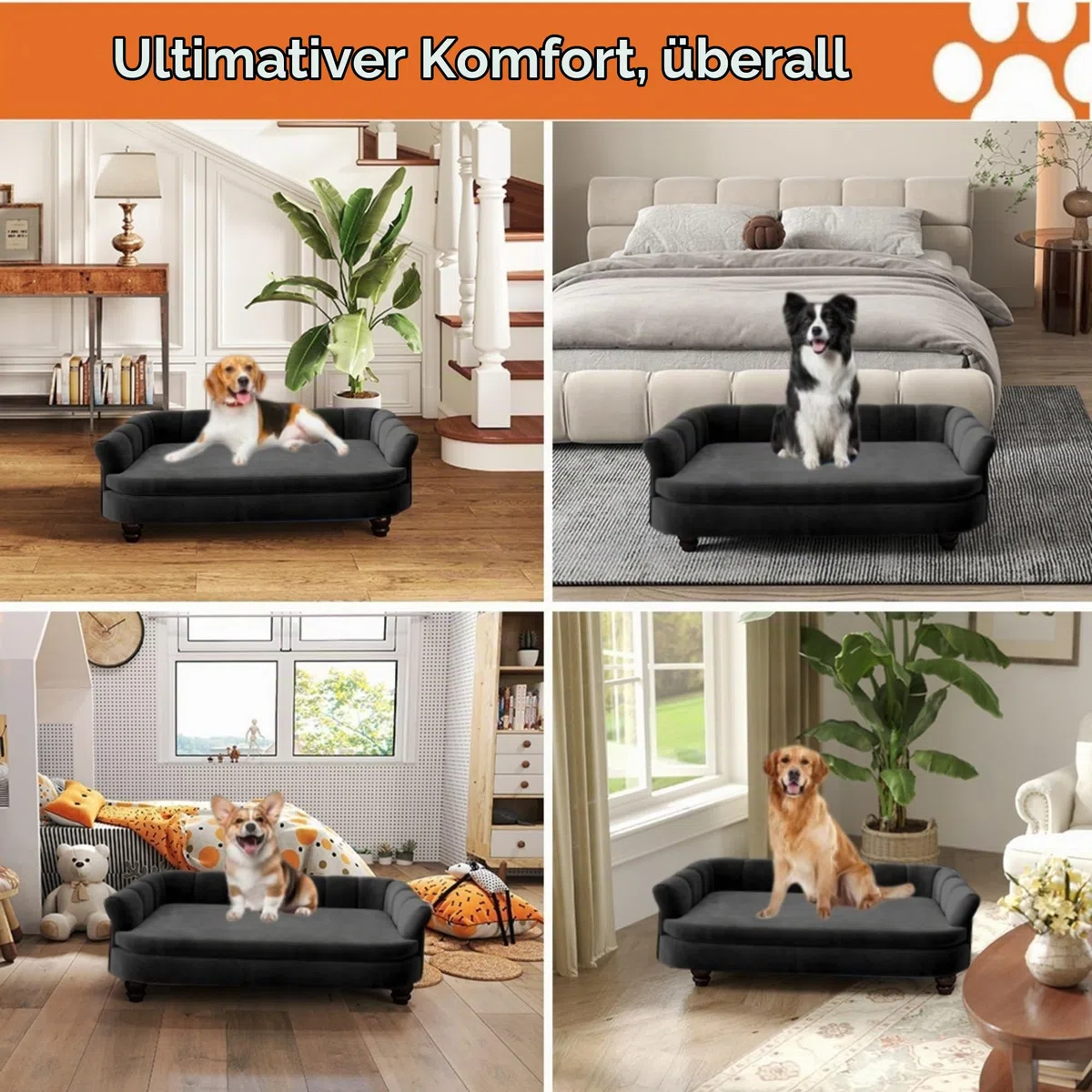 Hundesofa, bequemes Haustiersofa für große und mittelgroße Hunde, weiches Samtkissen, langlebige Hundemöbel für Wohnzimmer, waschbares Hundebett für Couch (orange)
