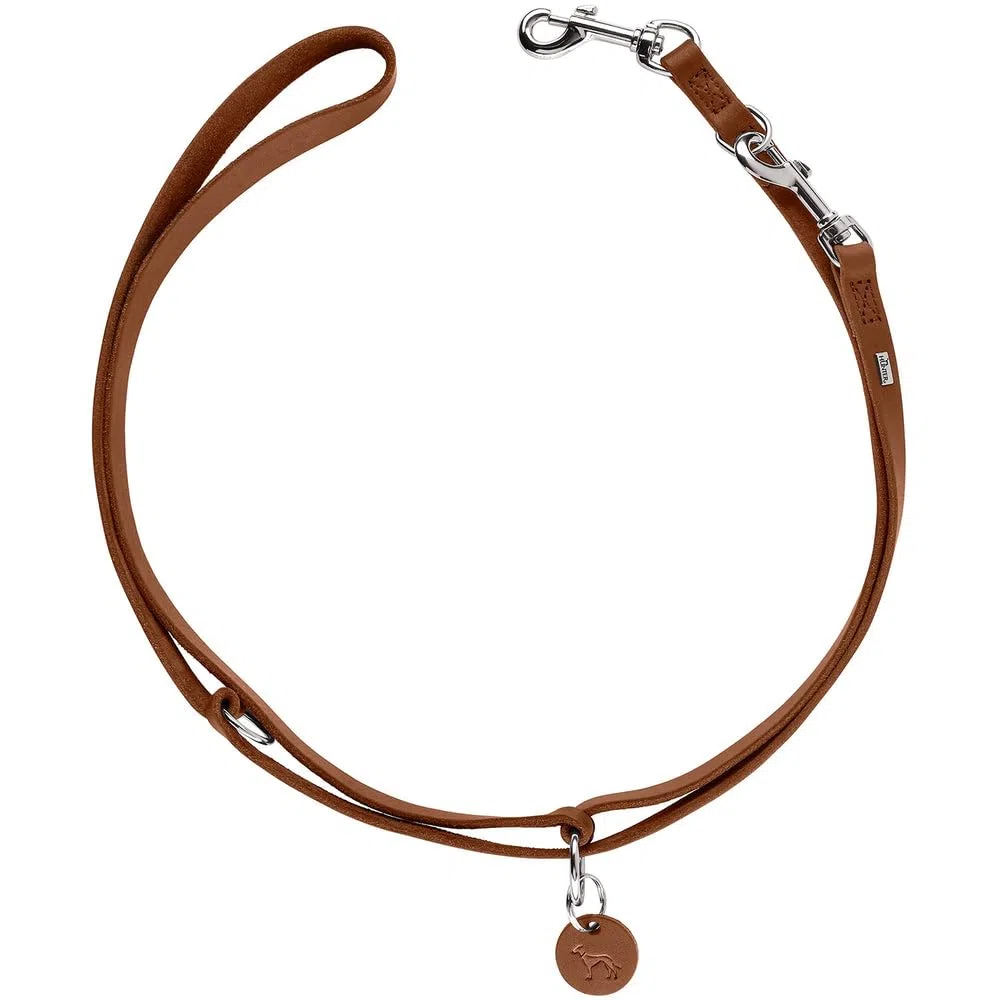 HUNTER Verstellbare Hundeführleine Aalborg geflochten, Farbe: Cognac – 3-Fach verstellbar, Robustes Rindsleder, eingeflochtene O-Ringe, Made in Germany, Größe 20/200