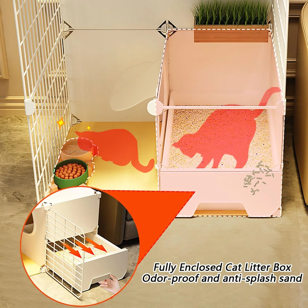 Indoor Katzenlaufstall, abnehmbares Katzengehege mit Leiter, Katzenklo, Nest, Napf - Großer Übungskäfig für Kleintiere