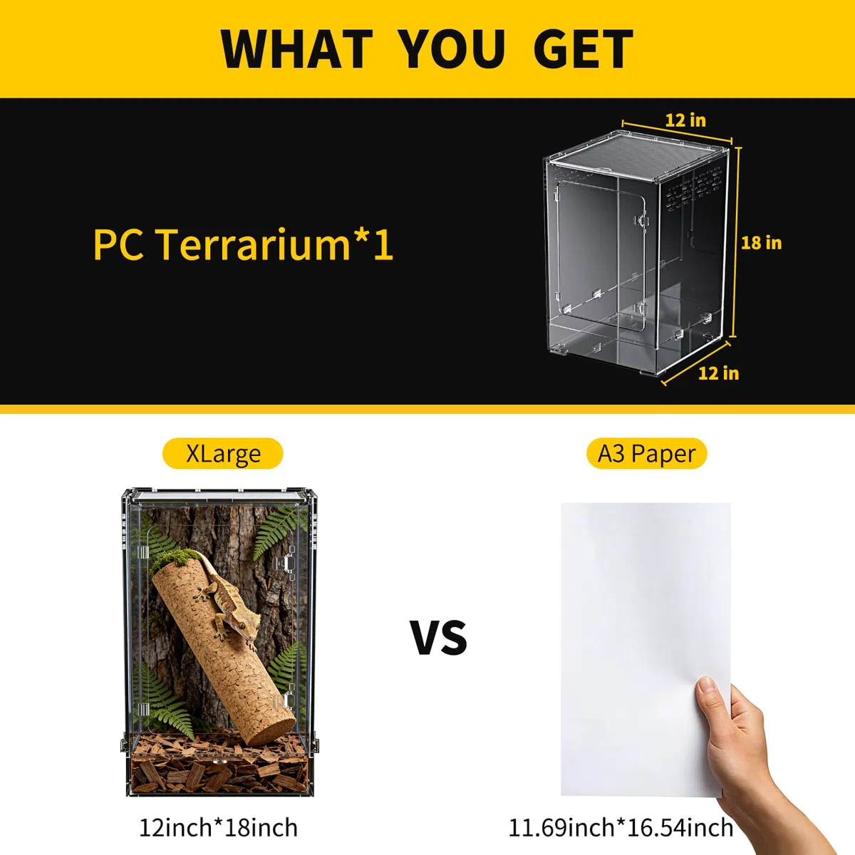 Reptilien-Terrarium hoch, 11 Gal vertikales PC-Terrarium, 12"x12"x18" Lebensraum-Gehege mit vorderer Öffnungstür und oberem Bildschirmbelüftung für Geckos, Baumfrösche, Chamäleons, Bartagamen