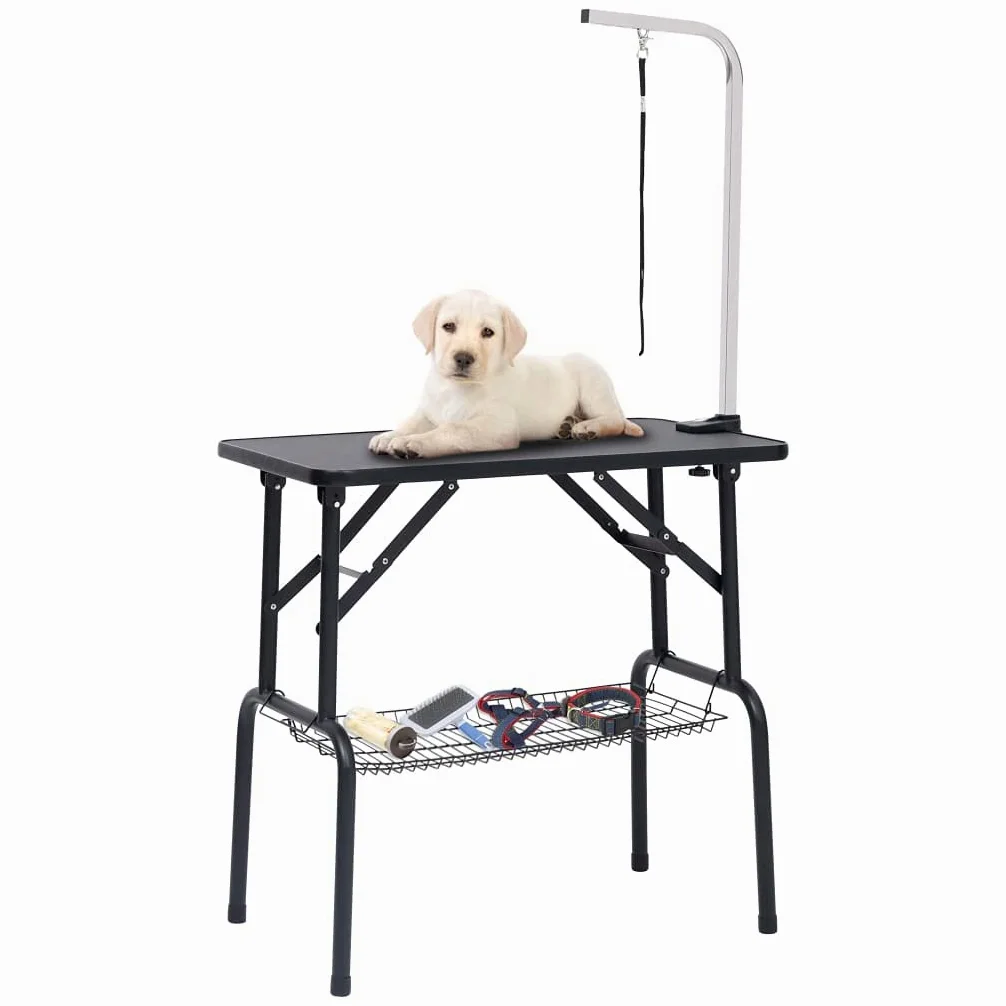 Verstellbarer Trimmtisch für Hunde und Katzen mit Edelstahl-Galgen, rutschfeste Oberfläche, Aufbewahrungskorb, 81x48,5x80 cm, inklusive Halteschlaufe
