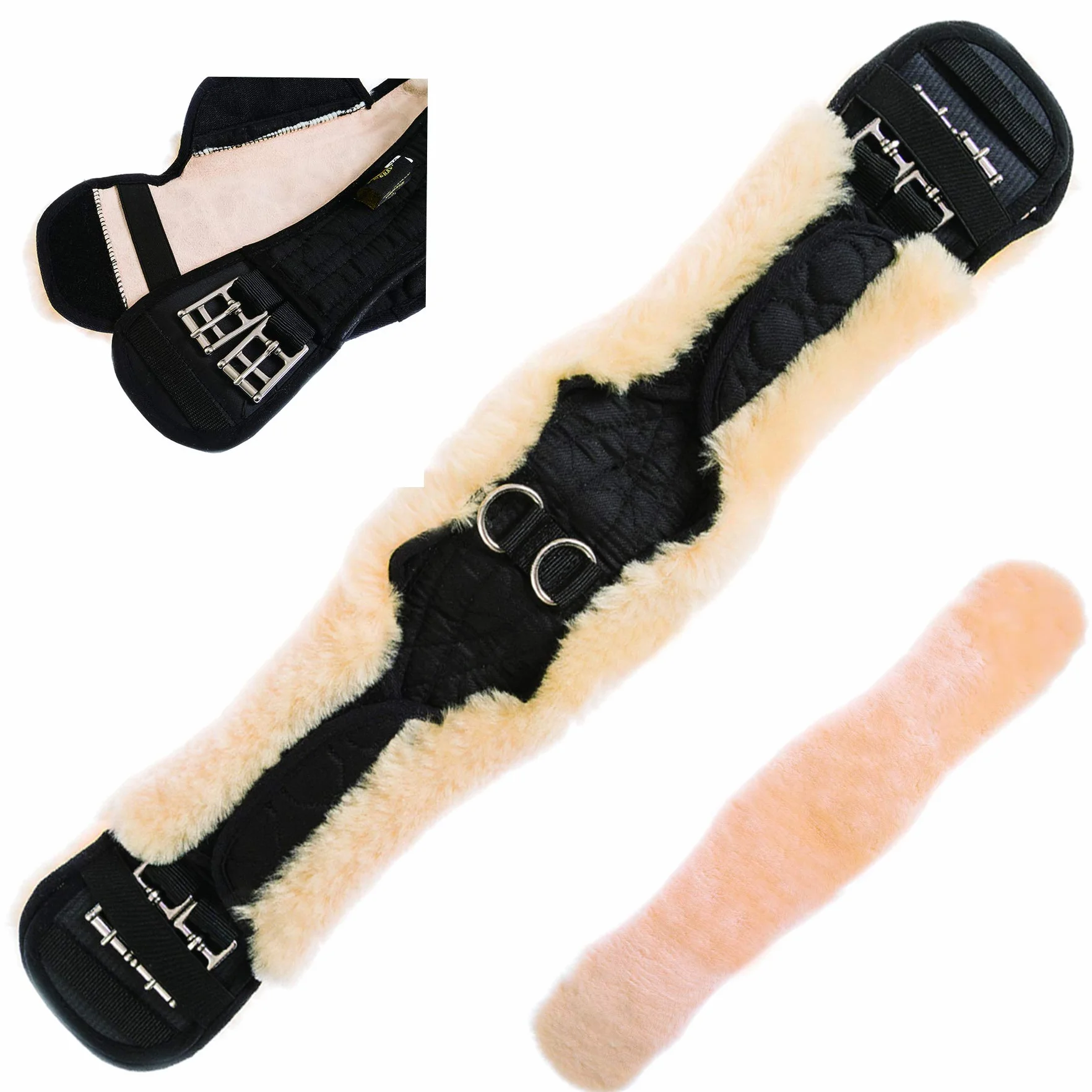 Lammwolle Konturgurt mit abnehmbarem Lammfellbezug, Kurzgurt Dressurgurt, aus Qualitäts Merino Lammwolle, spezielle anatomisch konkave Form, für bessere Rutschfestigkeit. Farbe:Natur, Schwarz
