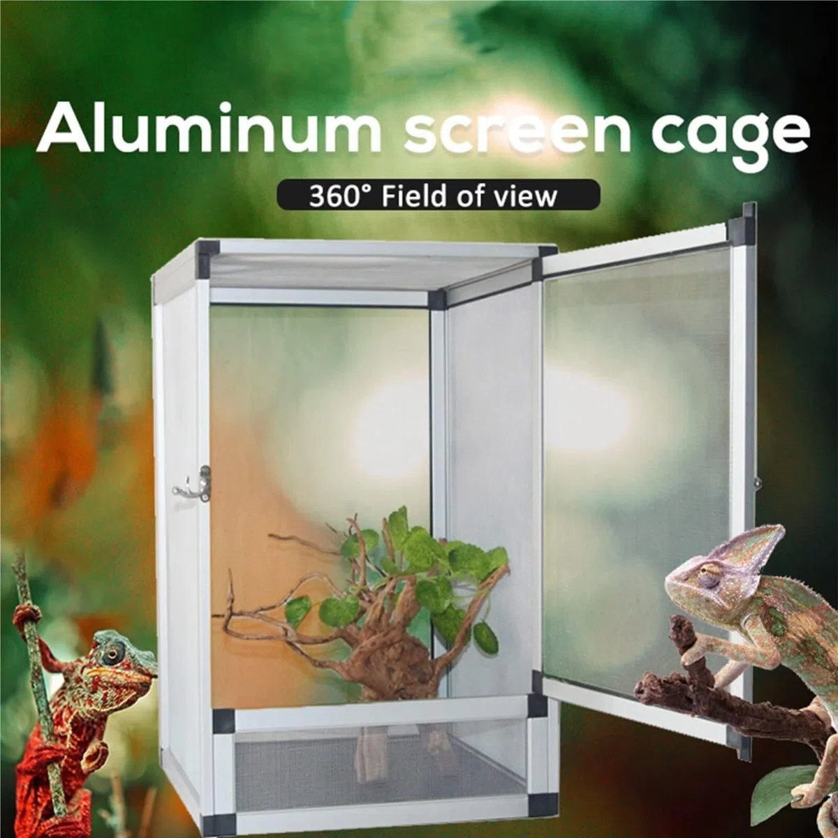 Reptilien Aufzuchtbox Reptilien-Lebensraum-Bildschirm, Fütterungskäfig, Insektenbox, Aluminium Reptile Zuchtbox(Black)