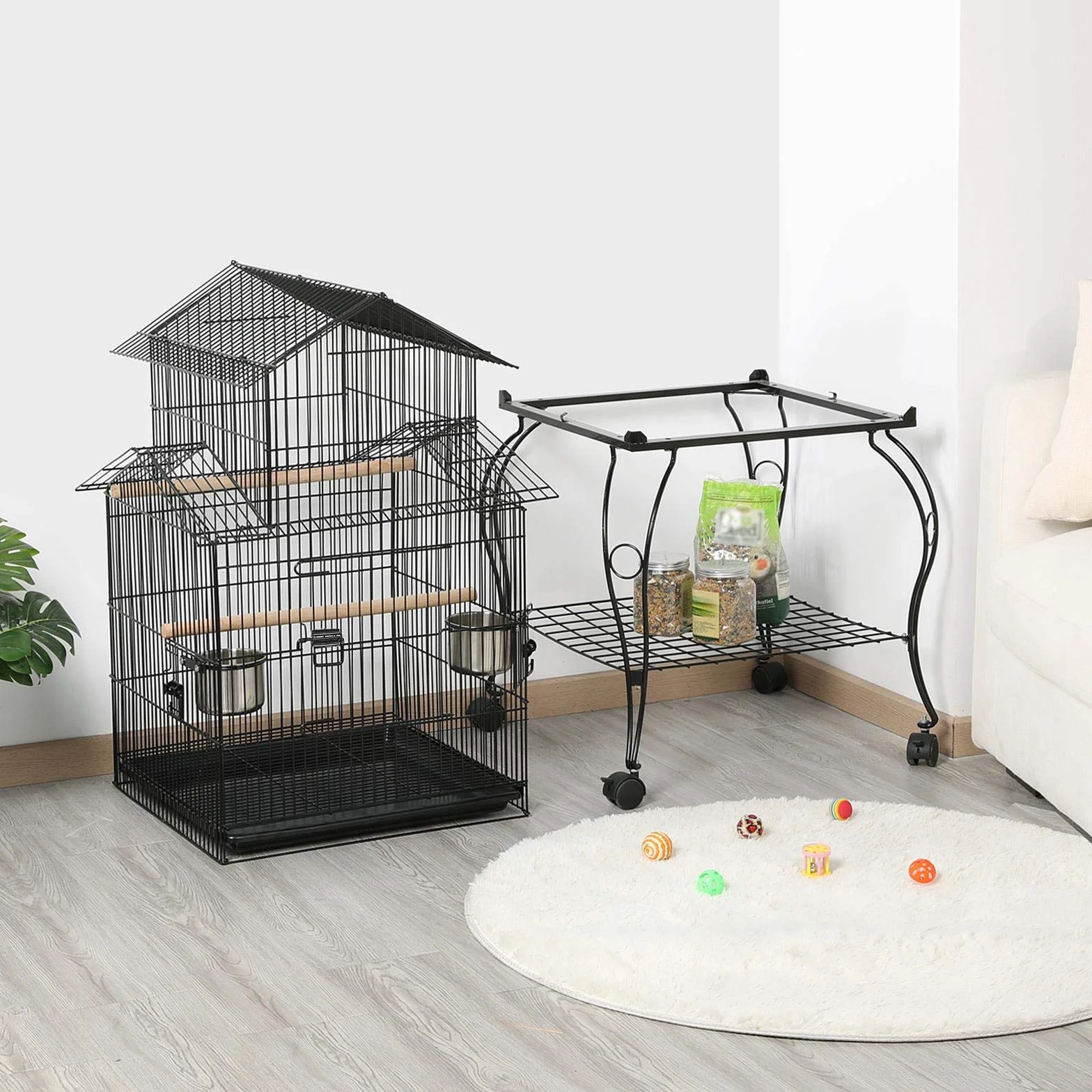Yaheetech Vogelvoliere Vogelkäfig mit Ständer für Nymphensittiche, Papageien, Tauben schwarz