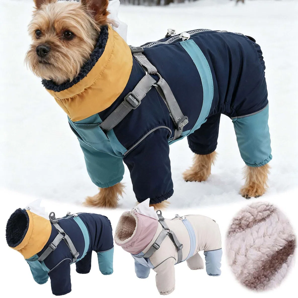 Hundemantel, Winter-Schneeanzug, Hundegeschirr-Mantel, warmer Fleece-gefütterter Overall, vierbeinige Mäntel für kleine, mittelgroße und große Hunde, verstellbare Kleidung für kaltes Wetter, S-XXXL