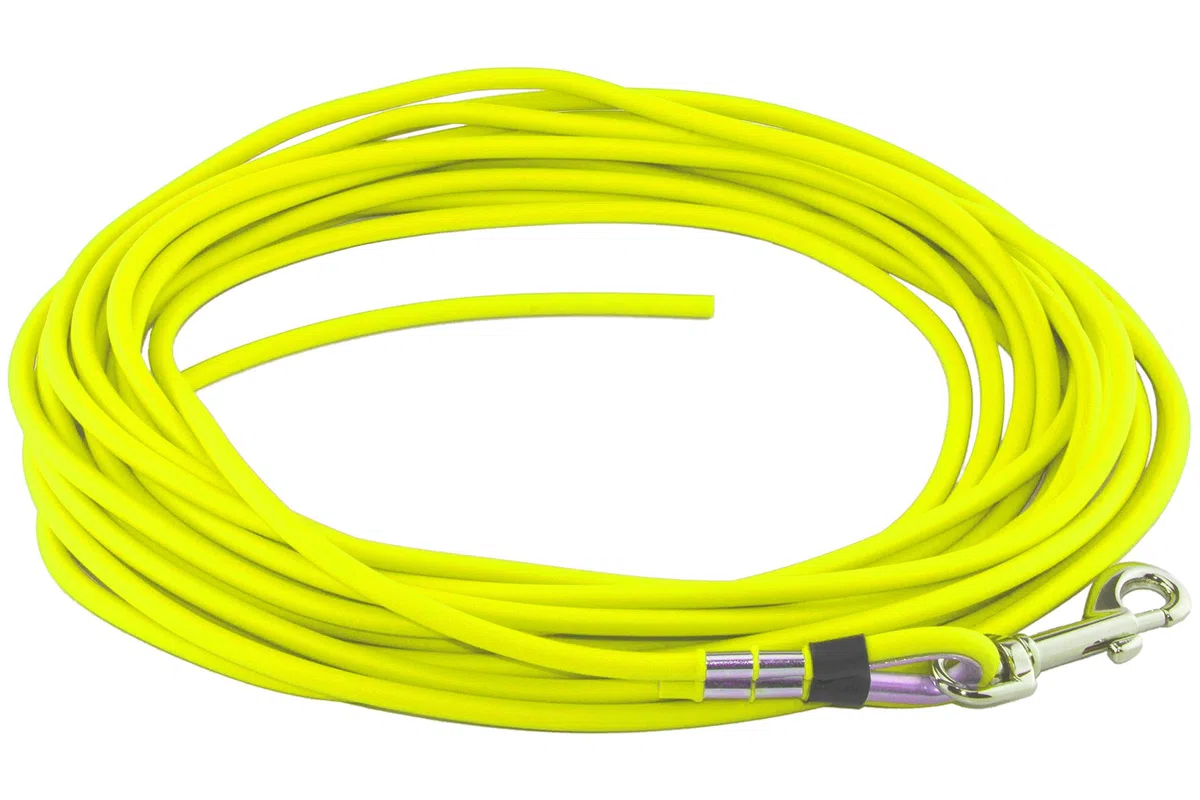 LENNIE Runde BioThane Schleppleine für Hunde von 15-25kg, Ø 6mm, 12m lang, ohne Handschlaufe, Neon-Gelb
