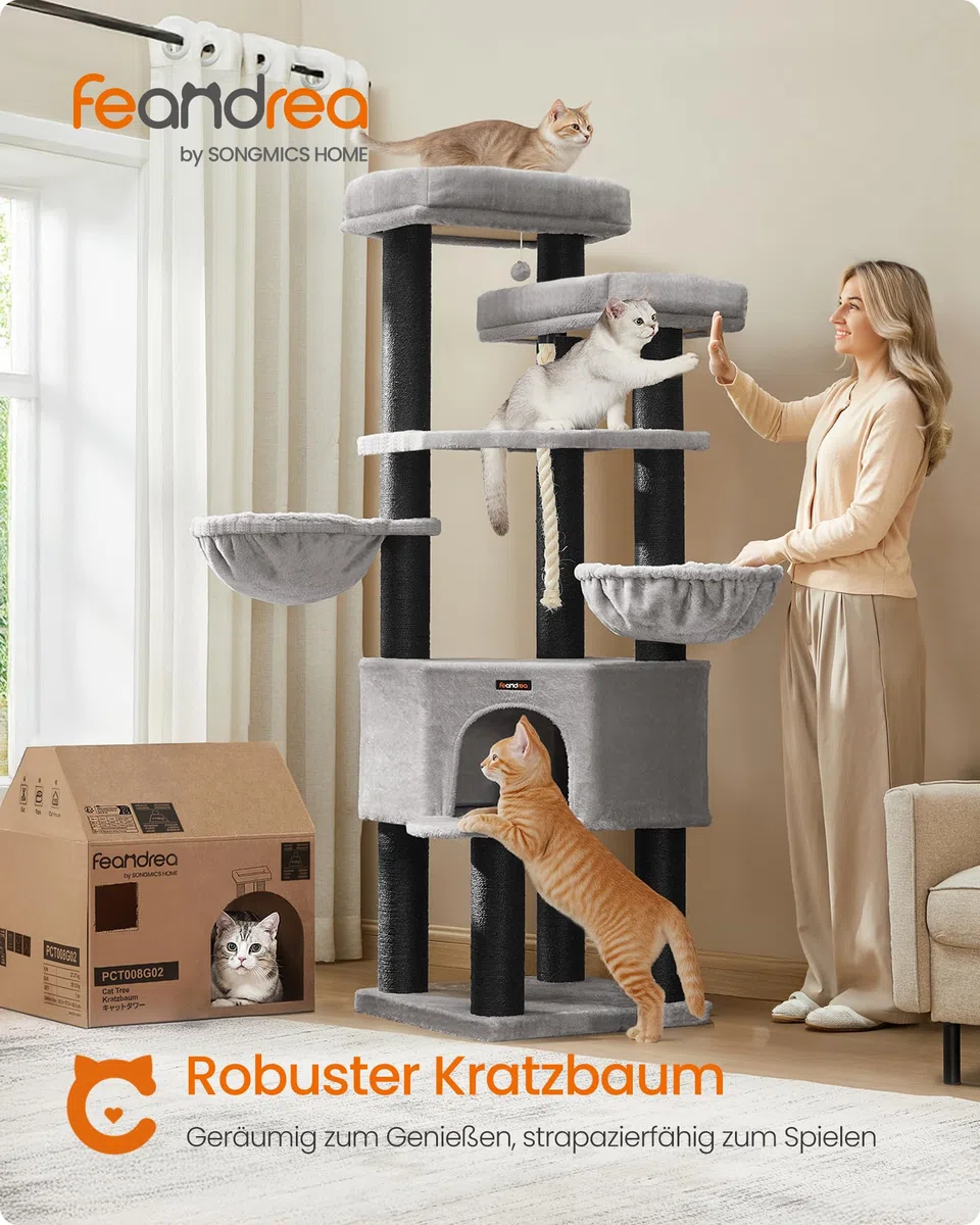 Feandrea Kratzbaum groß, mehrstöckiger Katzenbaum, XXL, 55 x 55 x 186,7 cm, 11 cm d Dicke Sisalstämme, für große Katzen wie Maine-Coon-Katze, Katzenkratzbaum, Taubengrau-tintenschwarz PCT008G02