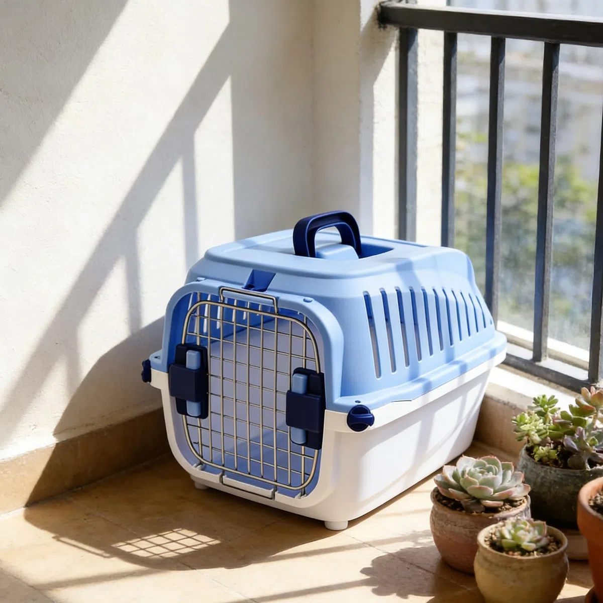 Katzenkäfig aus Kunststoff, tragbare Haustier-Transportbox mit ergonomischem Griff oben, autofreundliche Katzentrage für Kleintiere, Welpen, Kaninchen