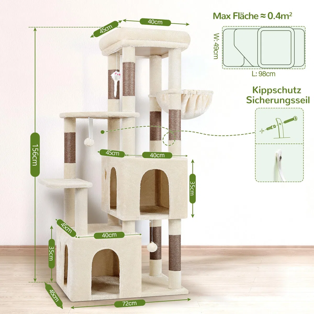 Globlazer Kratzbaum XXL Stabil für 2/3/4 Große Katzen Maine Coon 156 cm F61 | Katzenbaum mit 2 Extragroß Katzenhaus, Sisal Kratzsäulen, Einfach zu montieren, Robust Sicher, fur Kätzchen Schwere Katze
