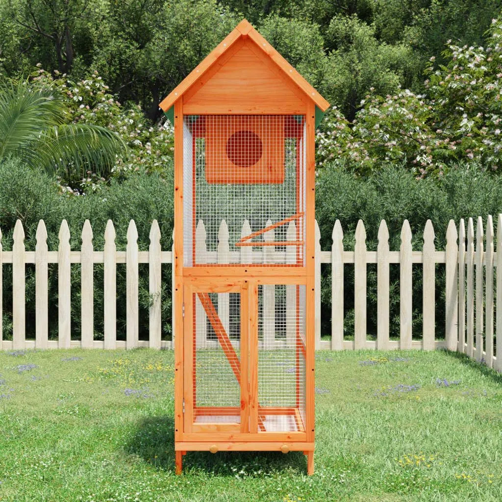 Voliere Braun aus massivem Kiefernholz 60x58,5x160 cm mit Drahtgeflecht, wasserfestem Dach, Sitzstange, Nistkasten, Schublade und Schutz für Papagei, Wellensittich