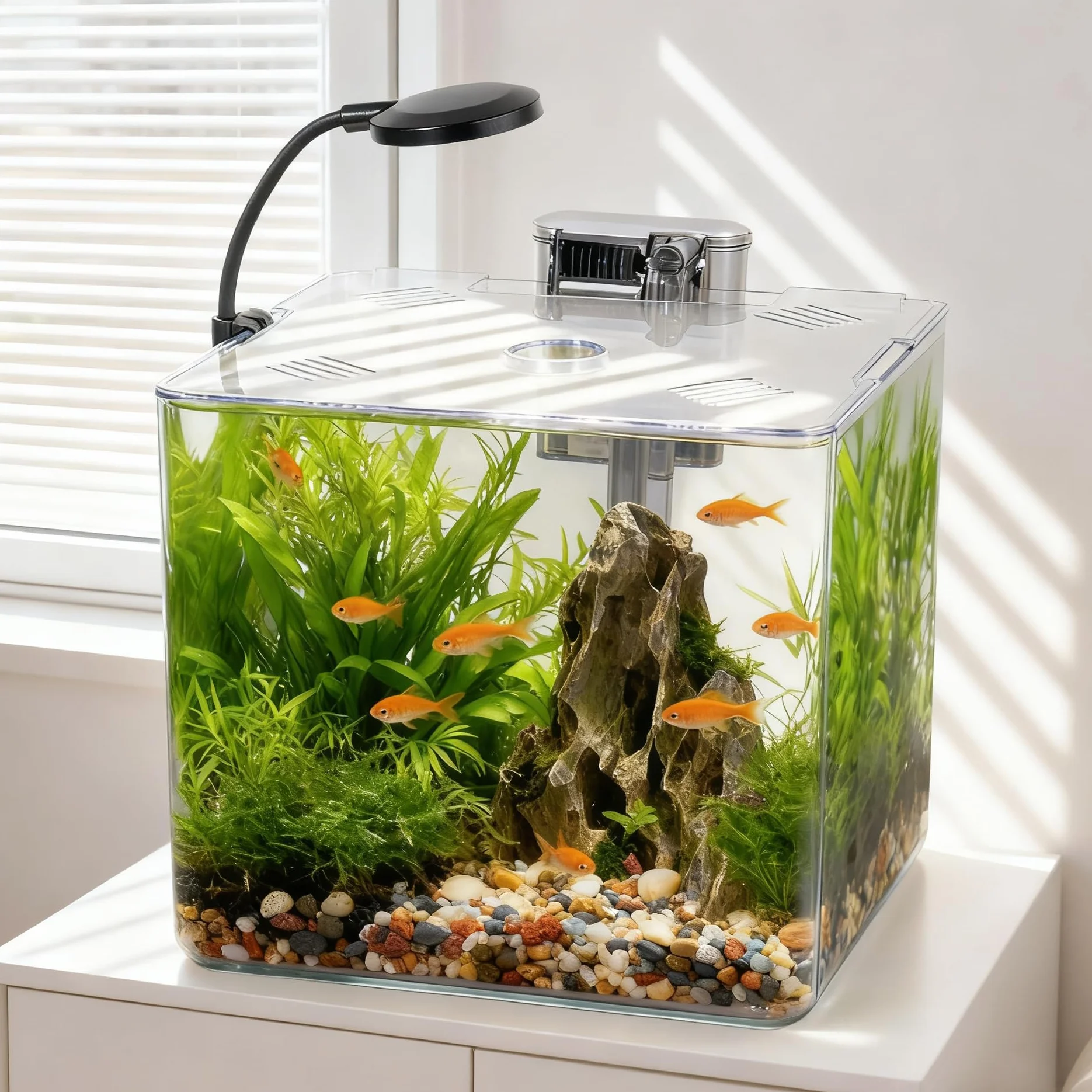 5L Einsteiger-Aquarium-Set, 18 x 18 x 18 cm, Mini-Kunststoffaquarium mit LED-Lampe und USB-Filter, DIY-Aquascaping
