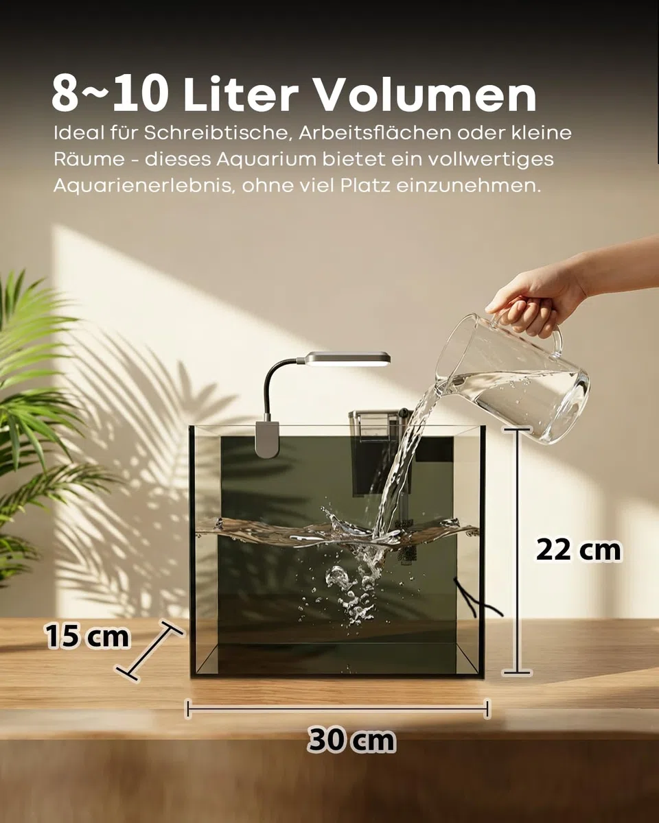 Aquarium Desktop-Set 10L Kleines Fischbecken 30x15x22, Ultra-Klares Glas mit Selbstreinigungsfilter, Helles Licht, Heizung, Steine,Kies, Reinigungswerkzeug, Randloses Fischglas für Anfänger Starterkit