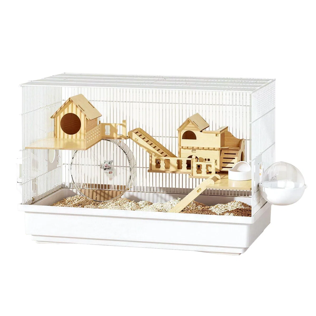 Hamsterkäfig 3 Etagen, kleintierkäfig, bissfest, ausgestattet mit Laufrad, Trinkflasche sowie einem 10-teiligen Zubehörset, 60 × 32 × 39 cm, weißer Hamsterkäfig aus Holz, einfach zu reinigen