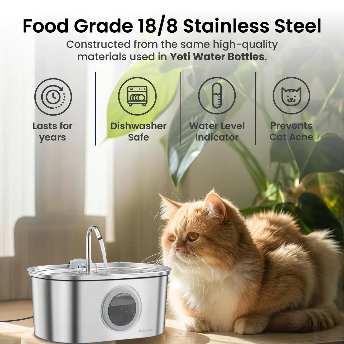 PawsPik - Edelstahl Haustier Wasserbrunnen, 13,5 Tassen Kapazität, Katzenwasserbrunnen für Indoor-Katzen, leises Design, 5-lagiges Filtersystem