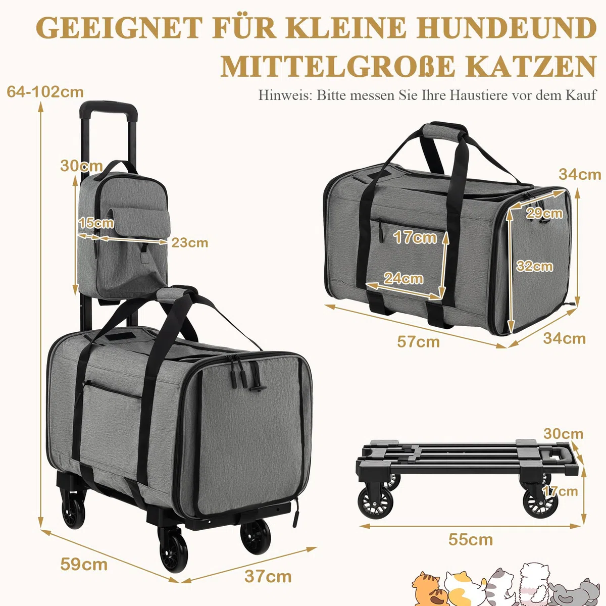 GYMAX Katzen Transportbox, Hunde Tragetasche mit Katzenrucksack & Teleskopgriff, Transporttasche mit Rädern & stabile Plattform, Haustier-Reiseträger für kleine & mittelgroße Haustiere, Grau