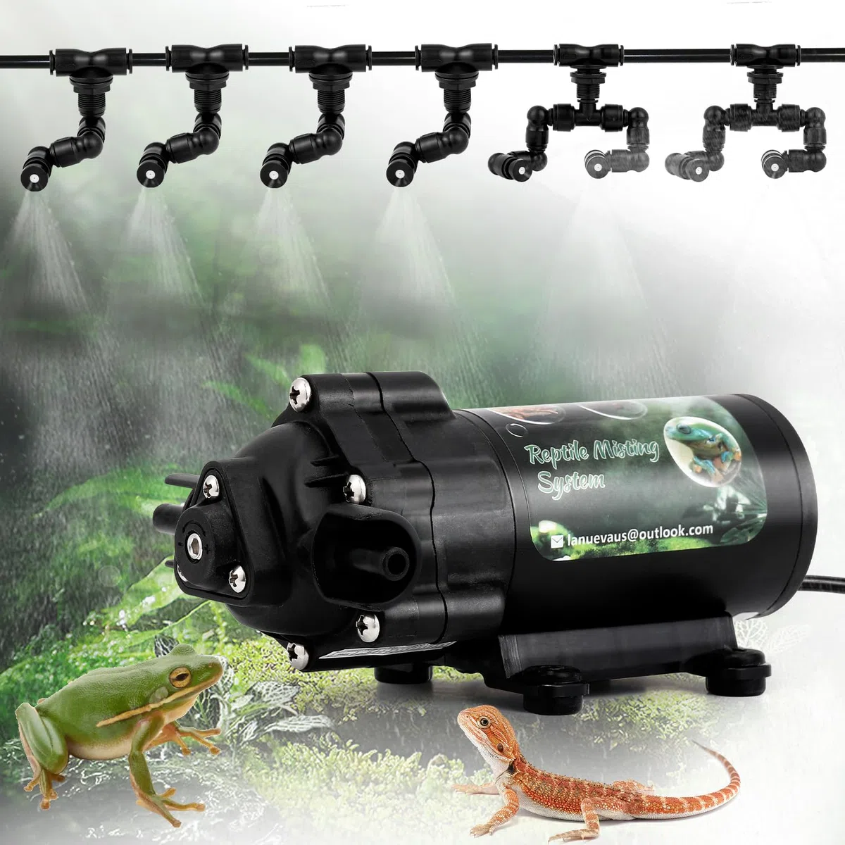 LANUEVA Reptilien Luftbefeuchter, leiser Mister Fogger für Terrarium mit 4 Einzelnebeldüse + 2 Doppelnebeldüse, Automatisches Sprühsystem für Chamäleon, Eidechse, Schlange, Frosch (Pump ohne Timer)