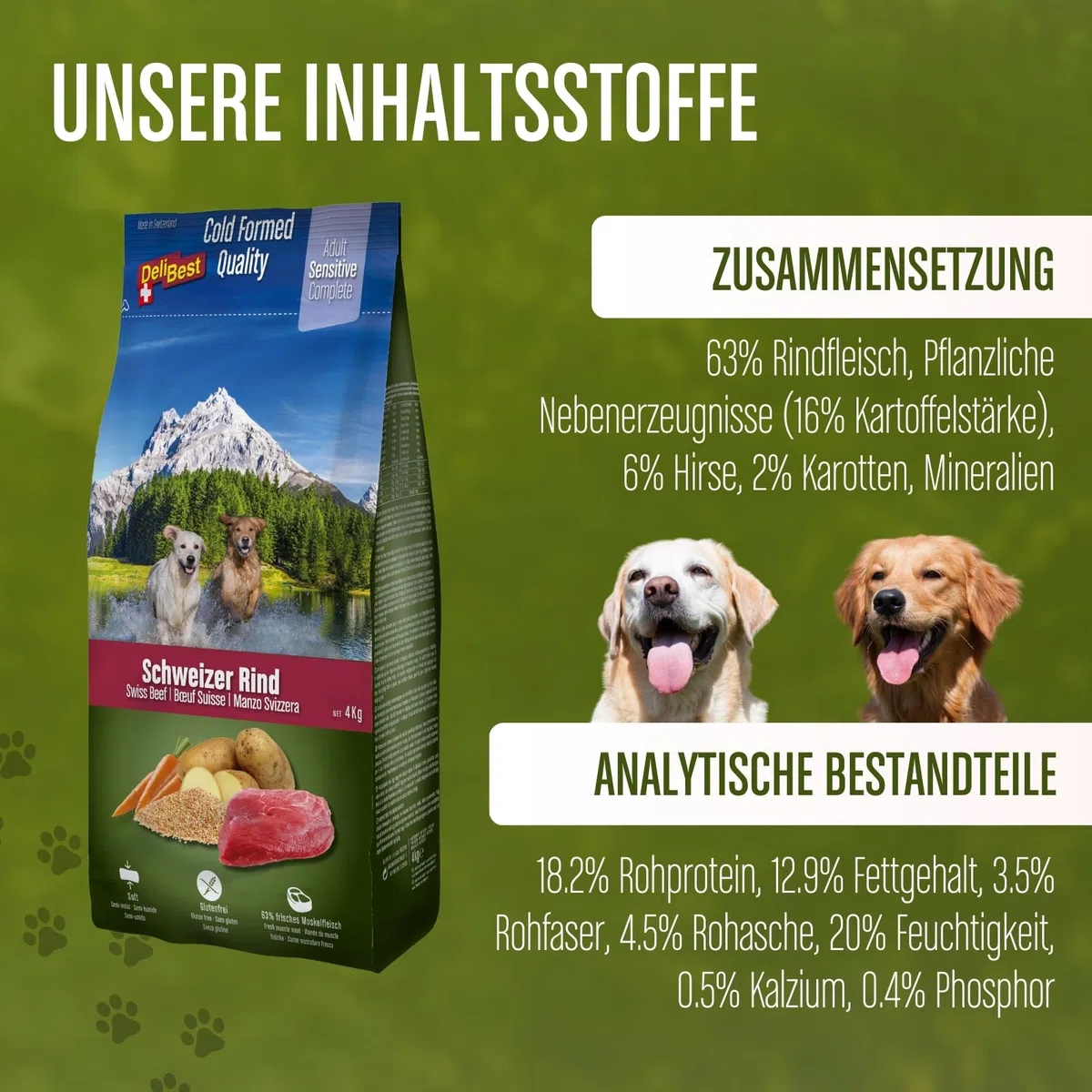 DeliBest Adult Sensitive Complete Dog Rind I Halbfeuchtes Futter für Hunde Adult I 100% Schweizer Rindfleisch I getreidefrei & ohne andere Zusätze I Hundefutter kaltgepresst I 3x4 kg Vorratspack
