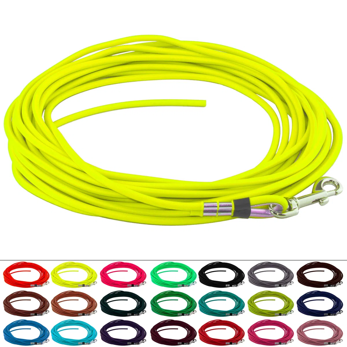 LENNIE Runde BioThane Schleppleine für Hunde von 15-25kg, Ø 6mm, 12m lang, ohne Handschlaufe, Neon-Gelb