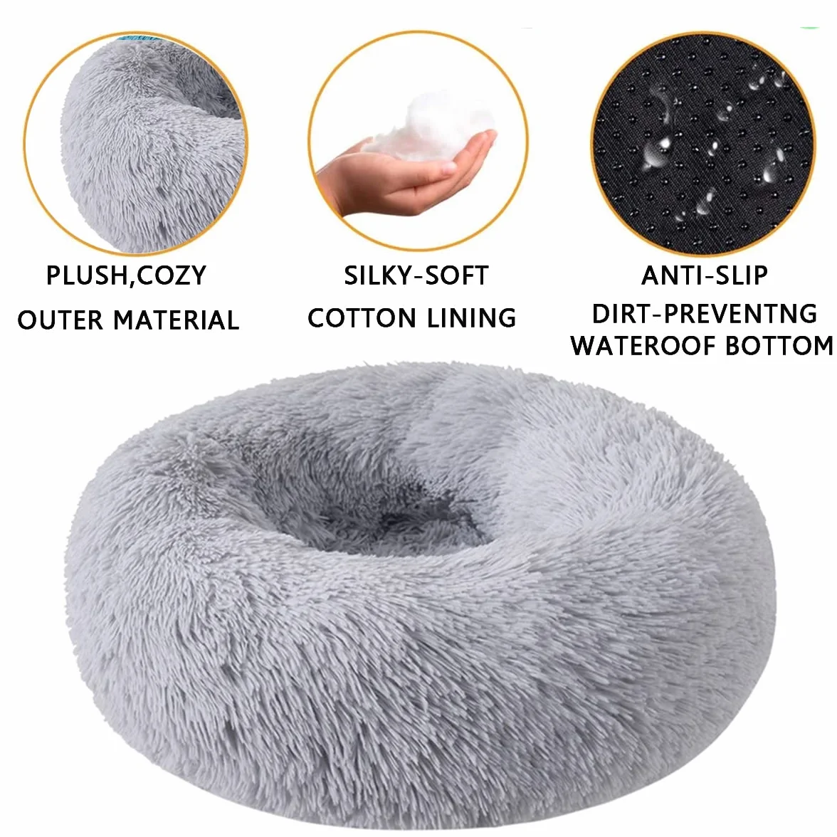 Beruhigendes Hundebett für kleine Hunde – Donut waschbar, kleines Haustierbett, Anti-Angst, rund, flauschiges Plüsch-Katzenbett, passend für Haustiere, Durchmesser: 89 cm