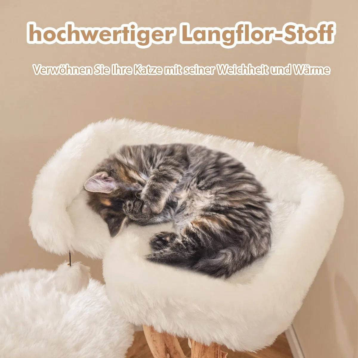 FANTASK Katzenturm Holz, Katzenmöbel mit Spielball & Plüschsitzfläche & 2 Plattformen, Katzenbaum mit Kratzpfosten, Kratzbaum Massivholz aus Jute, Katzen Katzenkratzbaum Kletterbaum, 110 cm (Weiß)