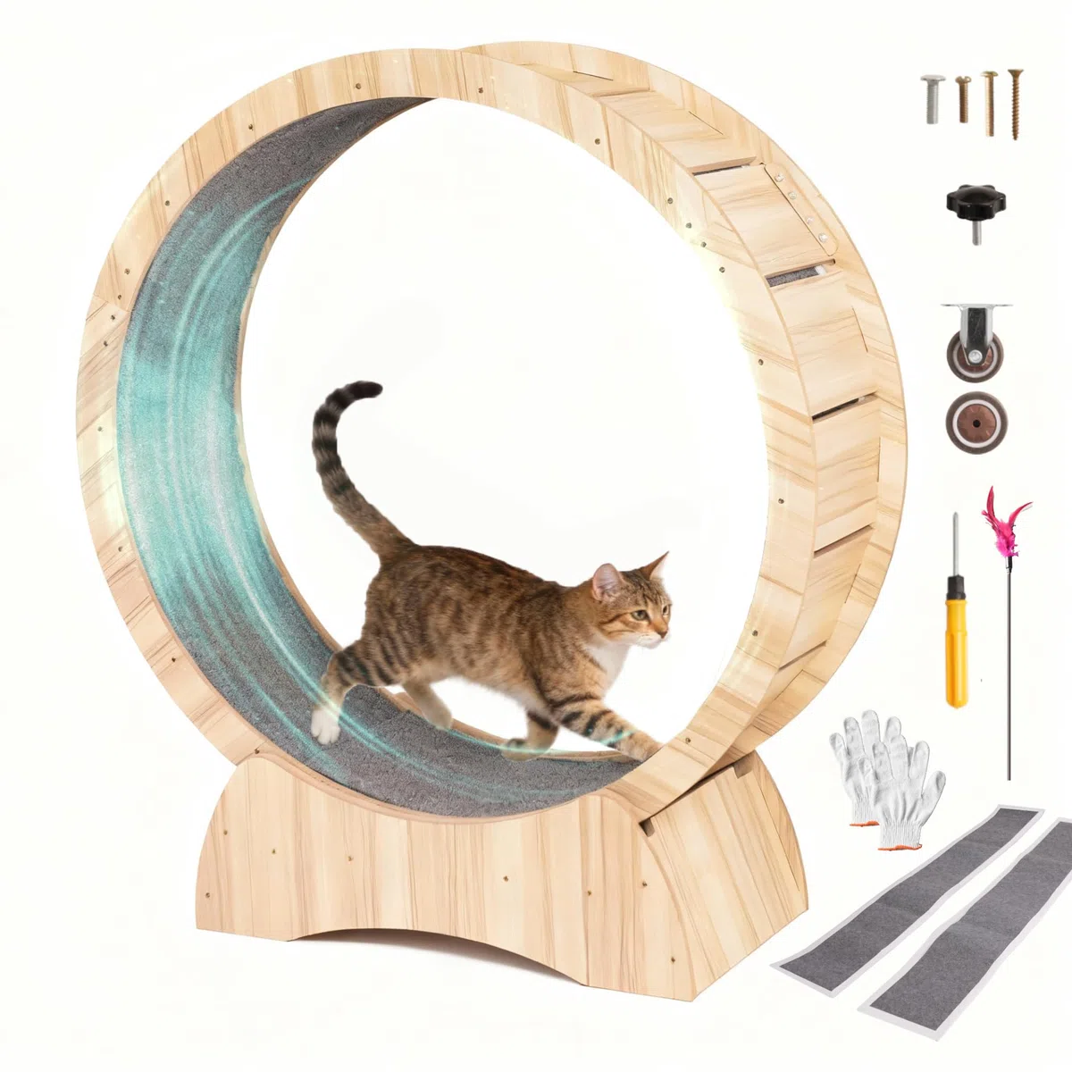 Katzenlaufrad aus Holz 110 cm Leises Laufrad Katze für Tägliches Training | Katzenrad mit Sicherheitsverschluss & 2 Abnehmbaren Teppich-Laufflächen, Bis 12 kg Belastbar, Geeignet für die Meisten Katzen