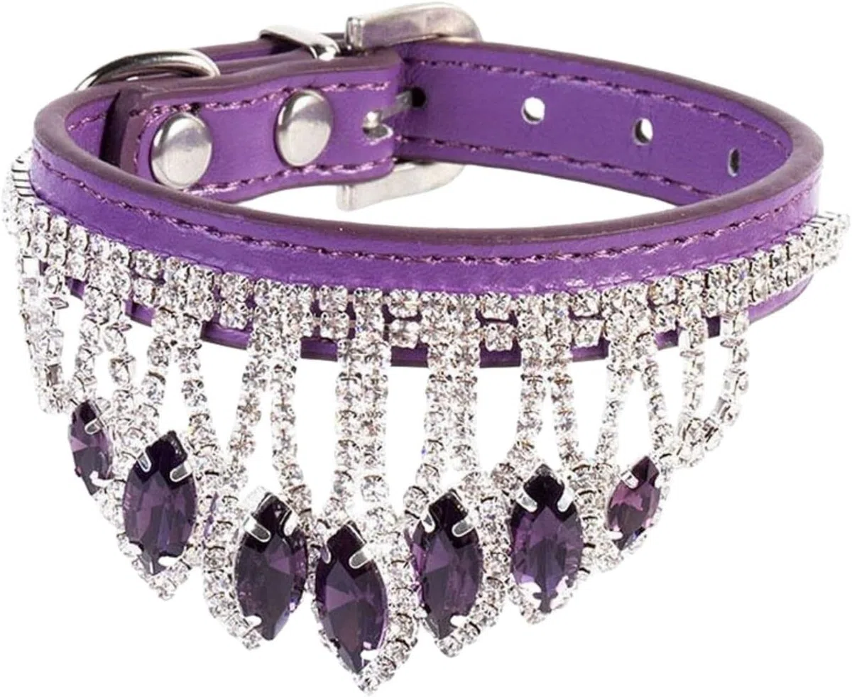 Haustierhalsband, Hundehalsband mit glänzenden Diamanten, Strass-Kristall-Katzenhalsband Bling-Anhänger, PU-Leder, verstellbar, weiches Haustierhalsband(Pink,S)