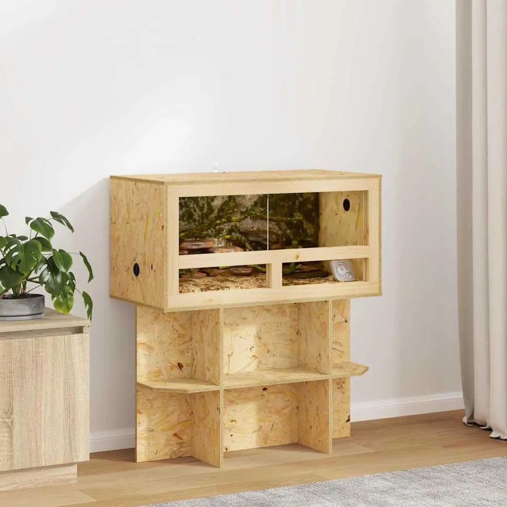 Rechteck Terrarium 80x40x40 cm aus OSB in Braun mit gehärtetem Glas und Thermometer für Reptilien und Nagetiere