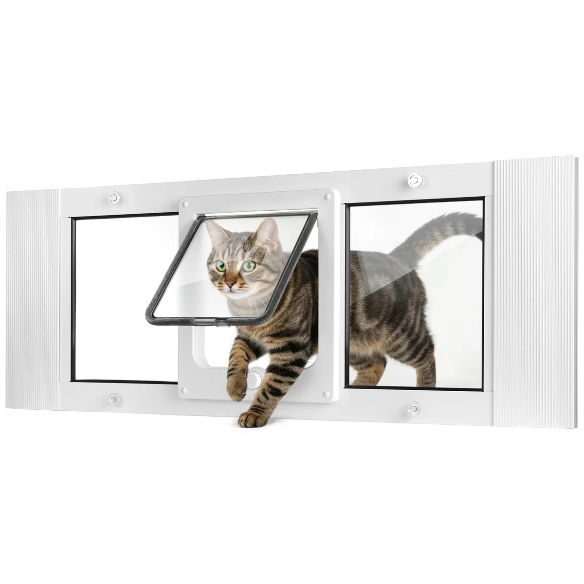 Slevoo Katzentür für Fenster, 10 Minuten, keine Schnittmontage, verstellbare Breite von 58,4 cm - 71,1 cm, verbessertes 4-Modi-Knaufschloss, wetterfester Aluminiumrahmen, Katzentür-Fenstereinsatz für