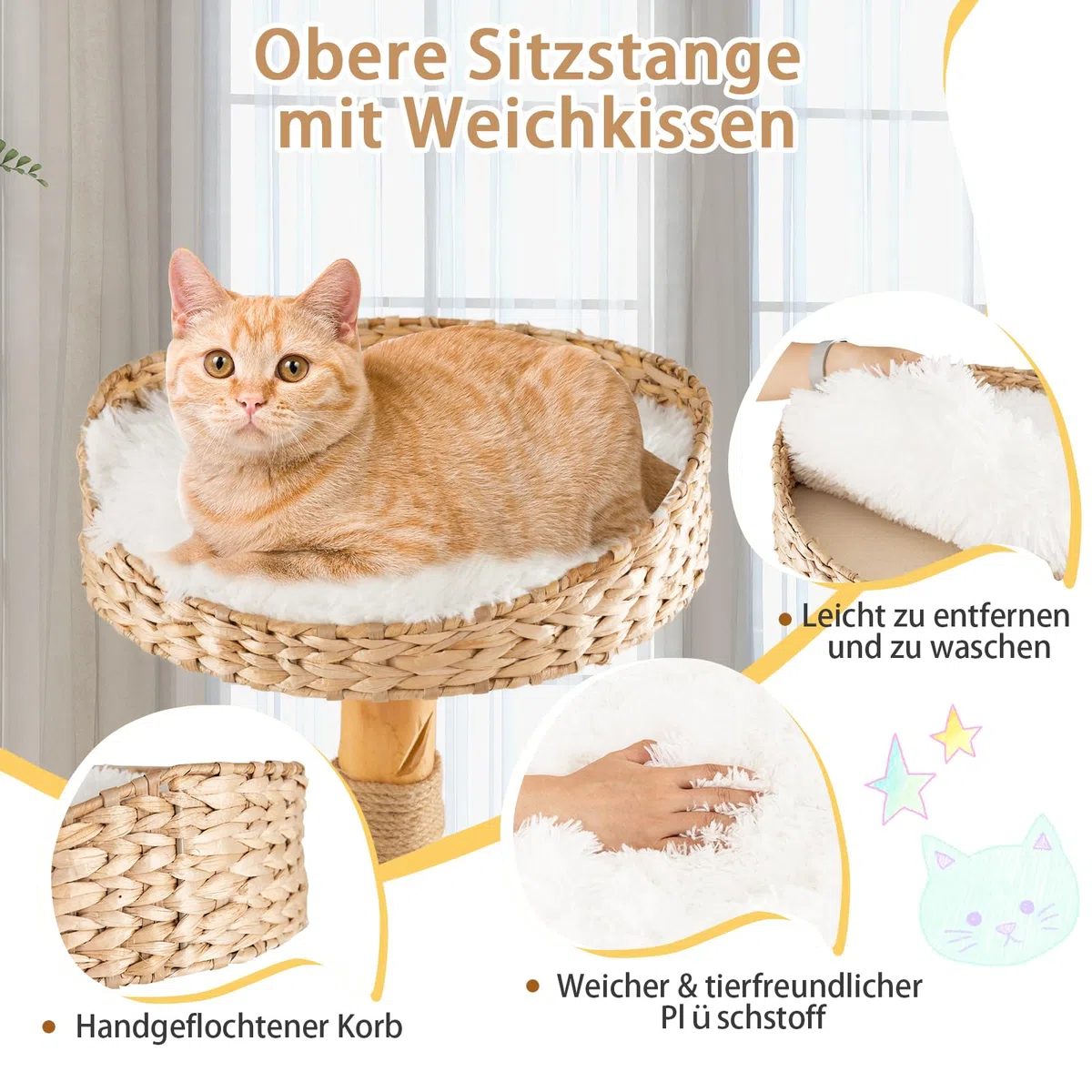 SOARS Kratzbaum Holz, Katzenbaum mit 3 natürlichen Birnbaumstämmen, Katzenhöhle & Plüschflächen, Katzenkratzbaum mit handgeflochtenes Katzenbett & Juteseil, Katzenmöbel, mehrstöckig, 48 x 48 x 124cm